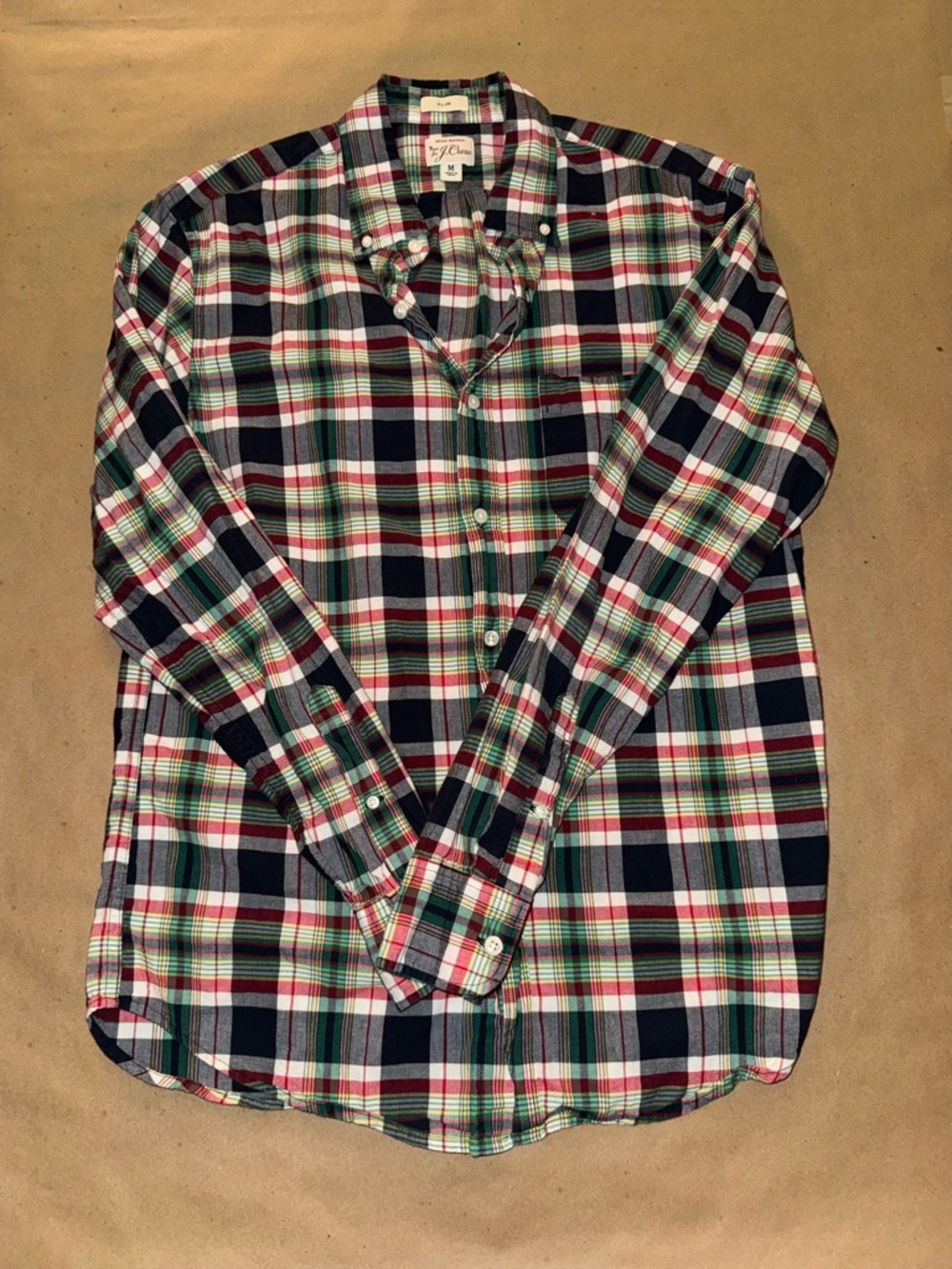 J. Crew Indian Madras Shirt Mens M Plaid Slim Fit Multicolor Plaid Button Up